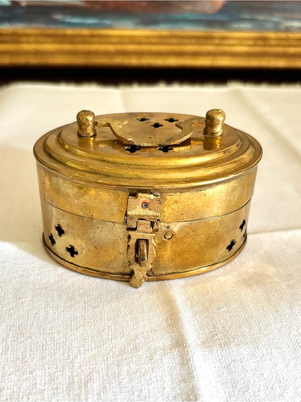 Vintage Brass Trinket Box India Oval Hinged Pierced Box